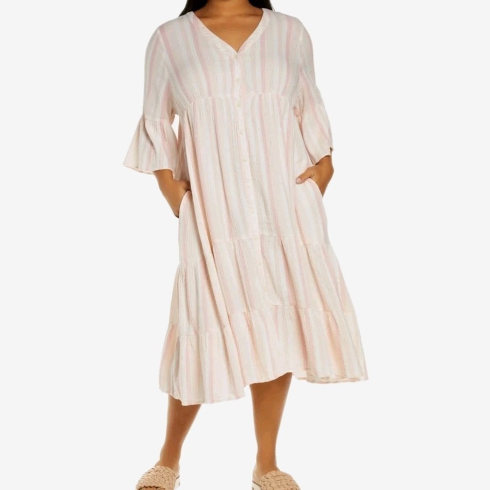 Caslon Casual Dress‎ Size M Relaxed Fit Pink Striped Midi Pockets Comfy Boho